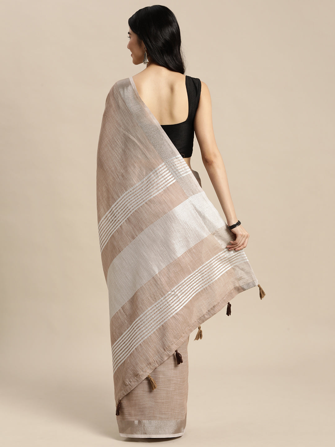 Brown Woven Linen Blend Saree with Silver Zari Border & Tassels
