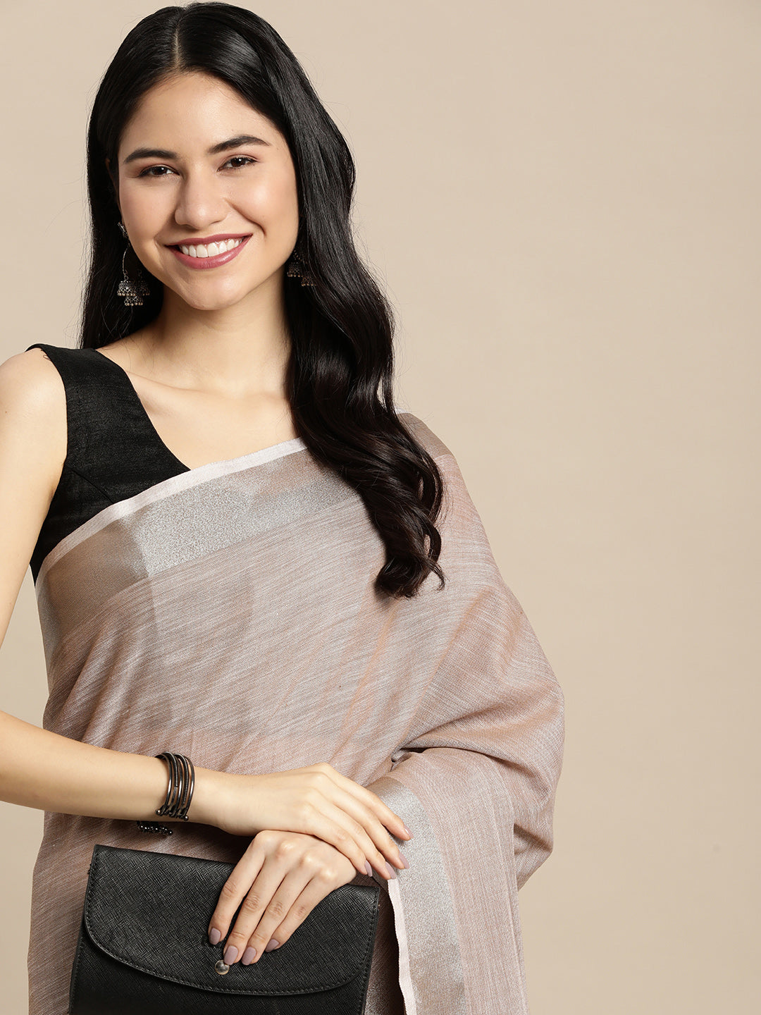 Brown Woven Linen Blend Saree with Silver Zari Border & Tassels