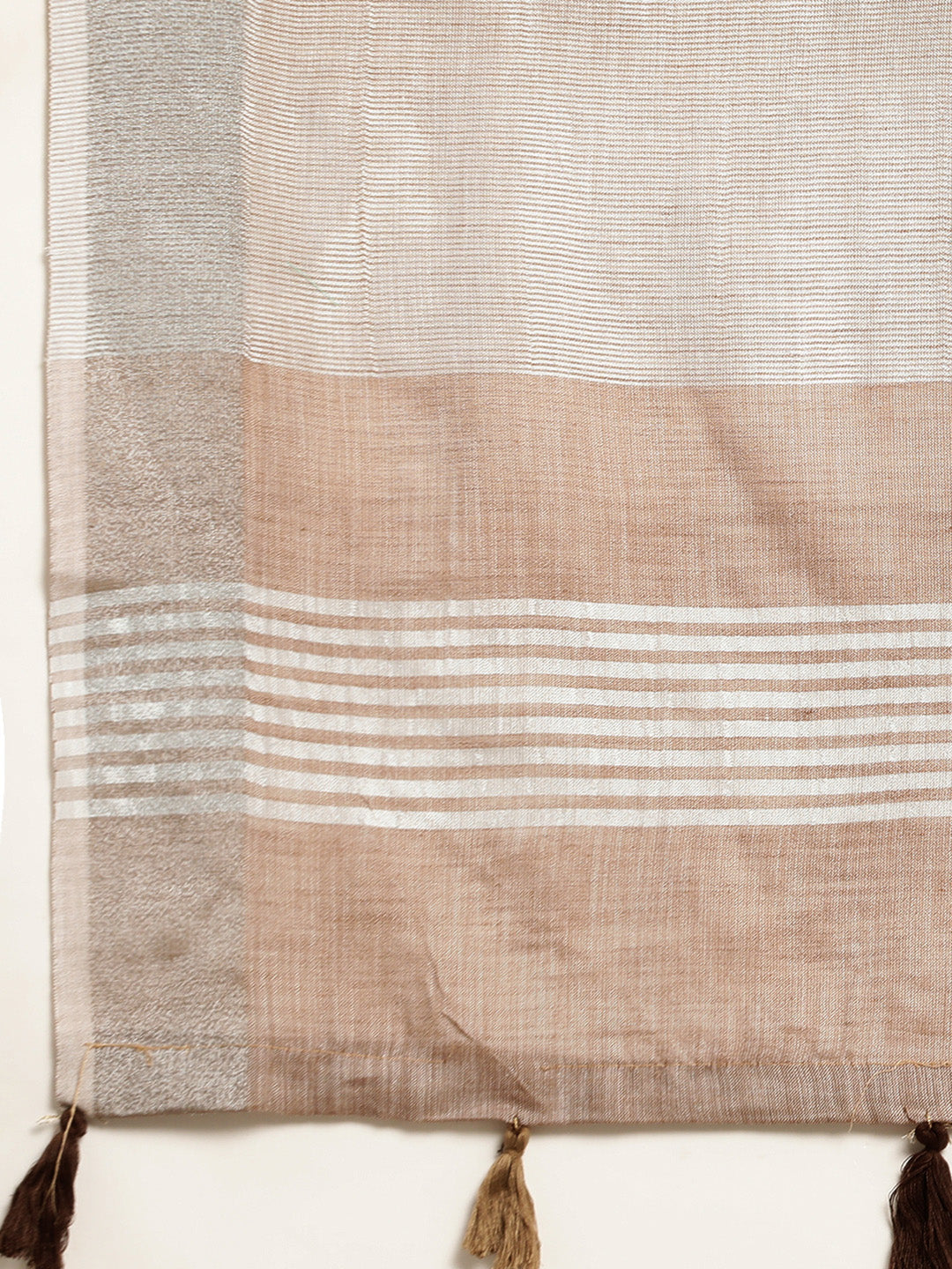Brown Woven Linen Blend Saree with Silver Zari Border & Tassels