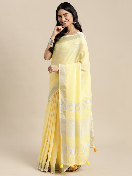 Yellow Linen Cotton Woven Zari Work Traditional Tassel Saree