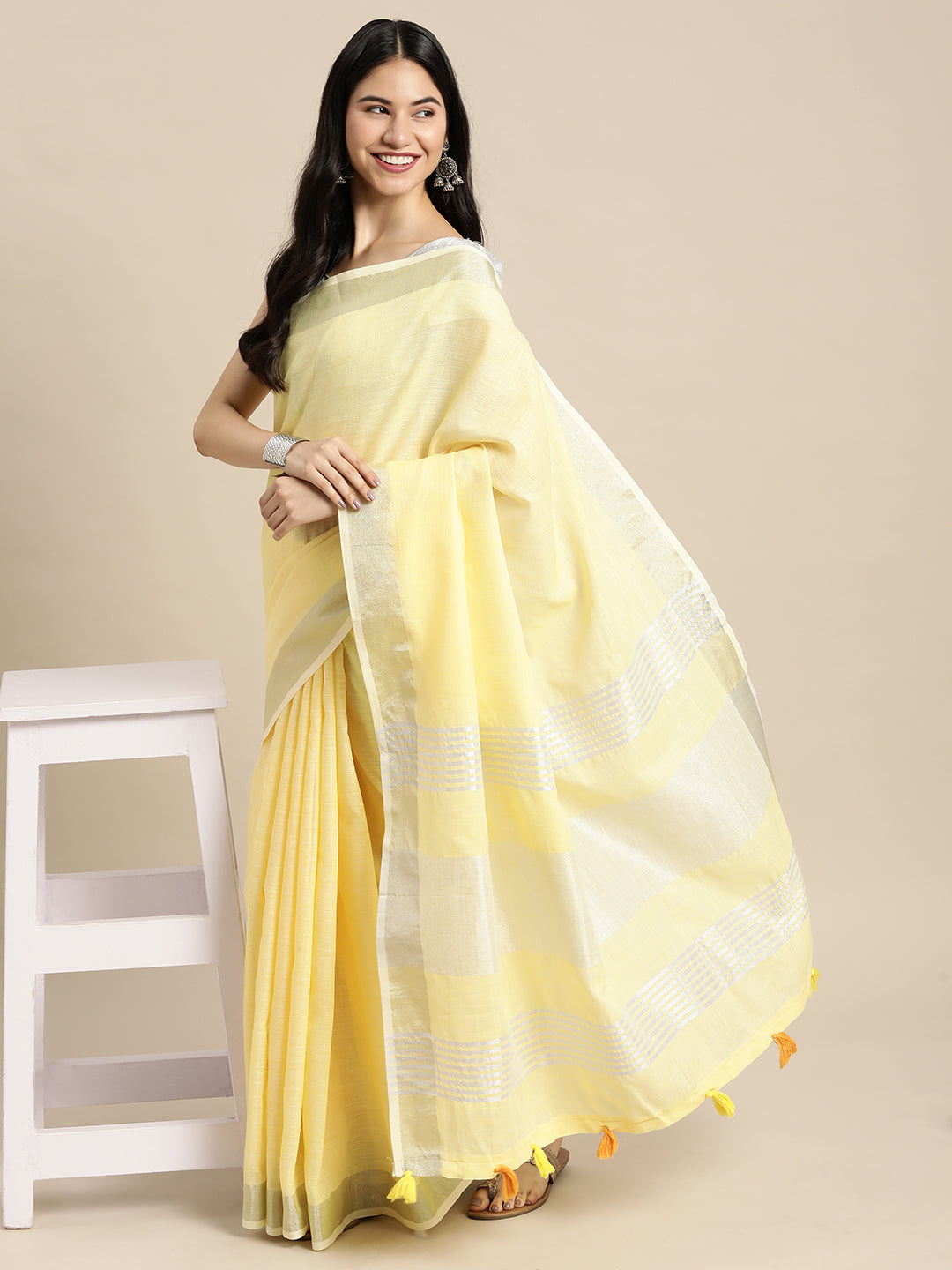 Yellow Linen Cotton Woven Zari Work Traditional Tassel Saree