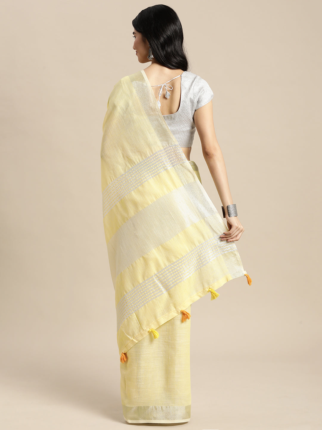 Yellow Linen Cotton Woven Zari Work Traditional Tassel Saree