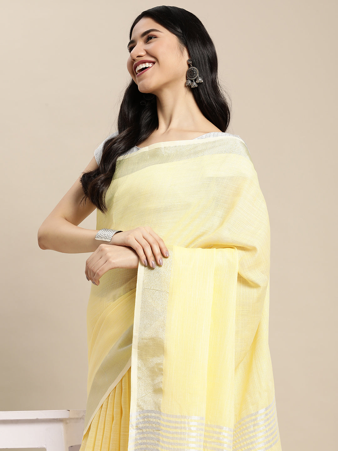 Yellow Linen Cotton Woven Zari Work Traditional Tassel Saree
