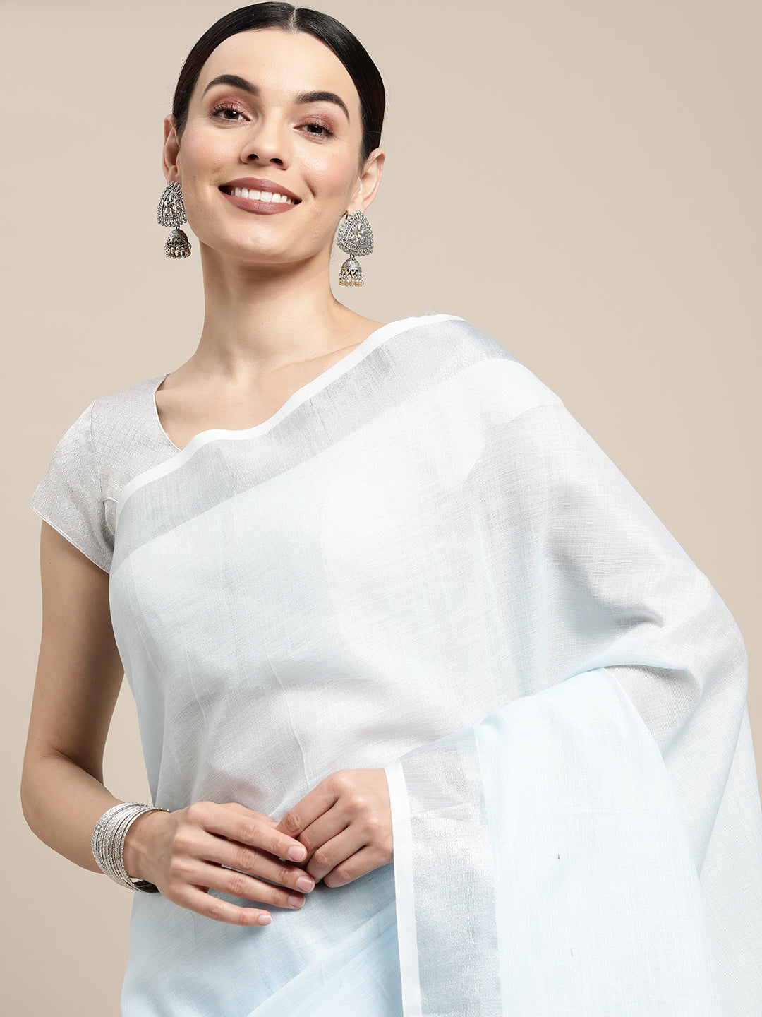 Sky Blue Linen Cotton Woven Zari Work Traditional Tassel Saree
