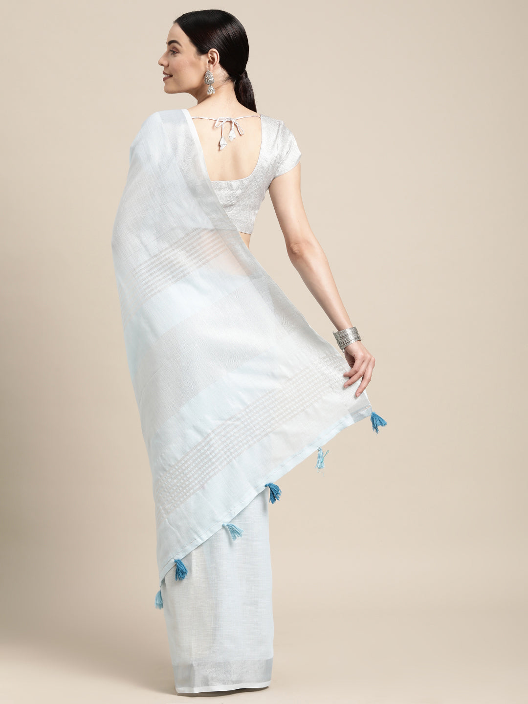 Sky Blue Linen Cotton Woven Zari Work Traditional Tassel Saree