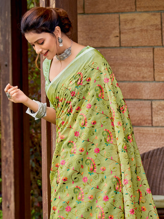 Astita Royal Yellow Green Linen Cotton Saree with Vibrant Floral Zari Border | Premium Festive & Party Collection