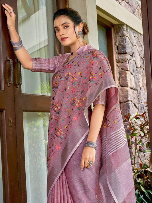 Astita Royal Purple Linen Cotton Saree with Vibrant Floral Zari Border | Premium Festive & Party Collection