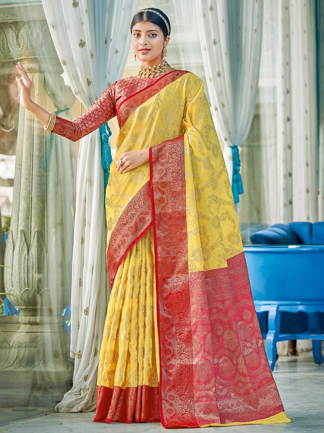 Astita Yellow Red Linen Cotton Saree with Rich Zari Border Festive Wear Saree for Wedding and Party