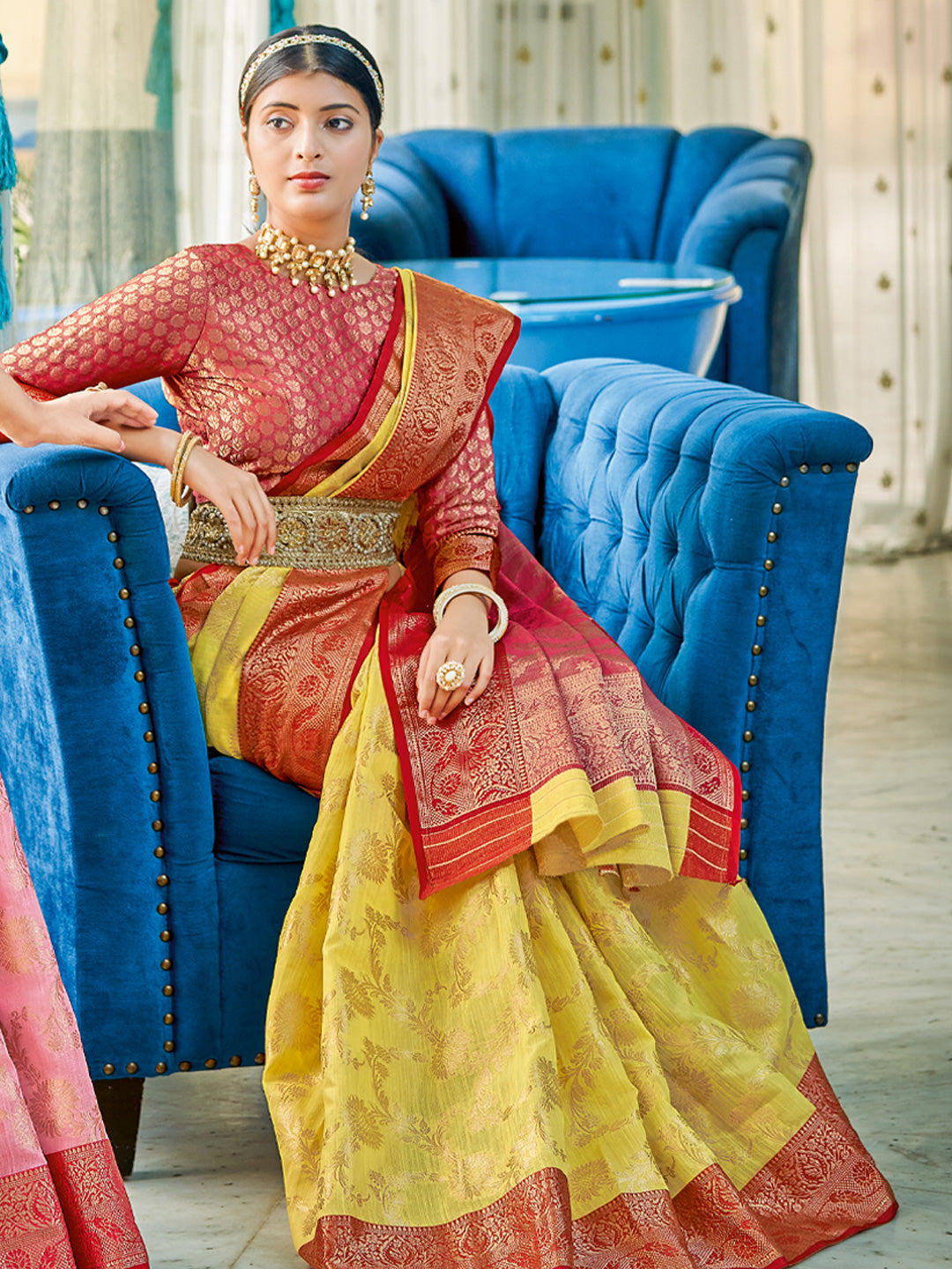 Astita Yellow Red Linen Cotton Saree with Rich Zari Border Festive Wear Saree for Wedding and Party