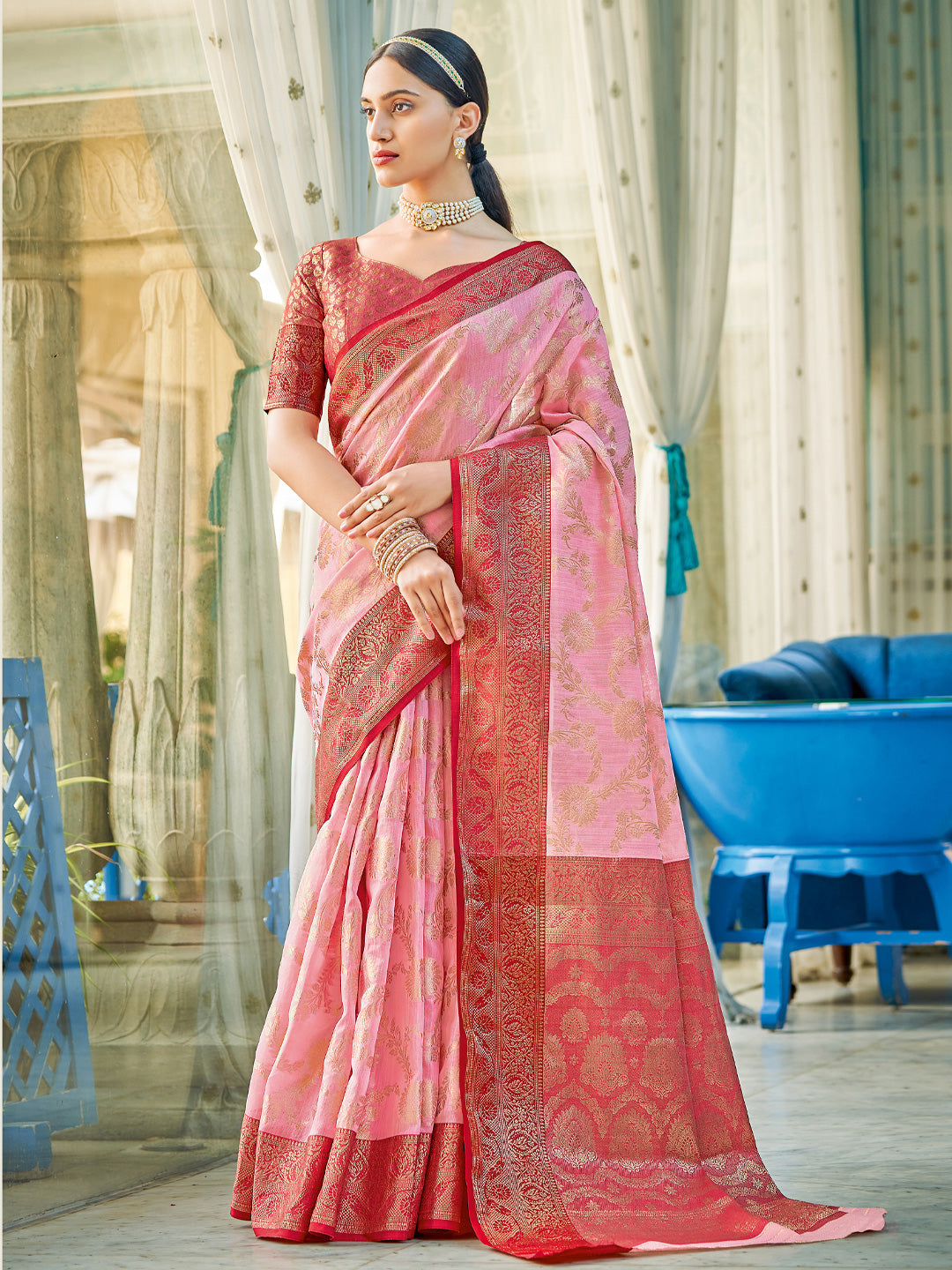 Astita Light Pink Red Linen Cotton Saree with Rich Zari Border Festive Wear Saree for Wedding and Party