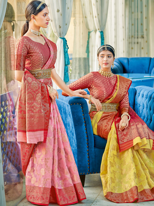 Astita Light Pink Red Linen Cotton Saree with Rich Zari Border Festive Wear Saree for Wedding and Party