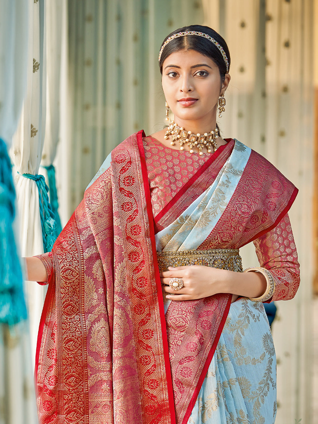 Astita Sky Blue Red Linen Cotton Saree with Rich Zari Border Festive Wear Saree for Wedding and Party