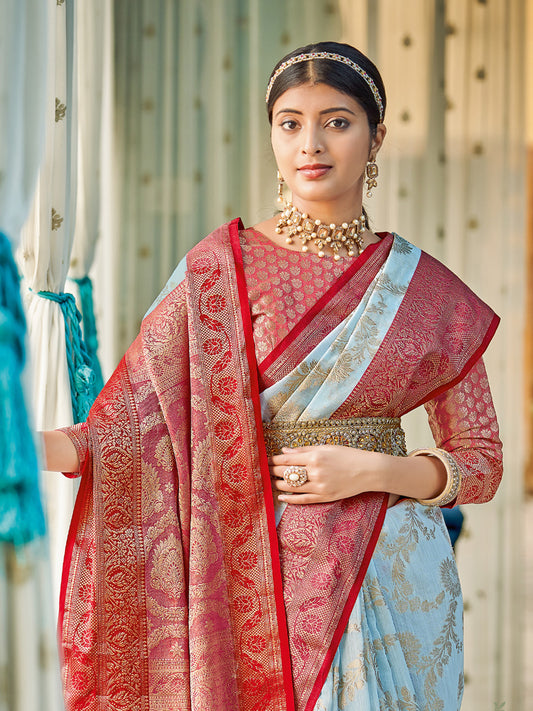 Astita Sky Blue Red Linen Cotton Saree with Rich Zari Border Festive Wear Saree for Wedding and Party