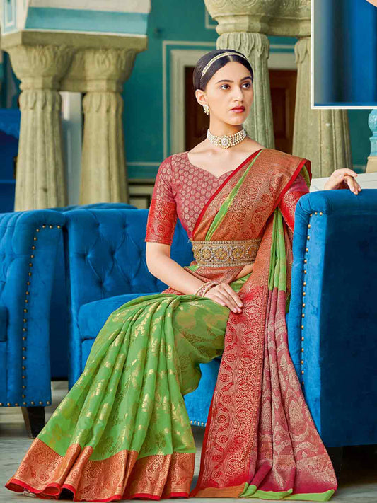 Astita Light Green Red Linen Cotton Saree with Rich Zari Border Festive Wear Saree for Wedding and Party