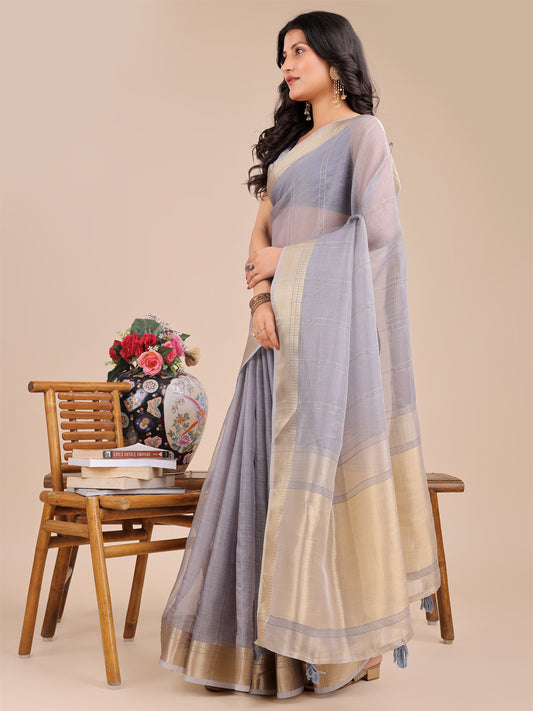 Astita Elegant Grey and Gold Organza Saree – Sheer Sophistication for Modern Celebrations
