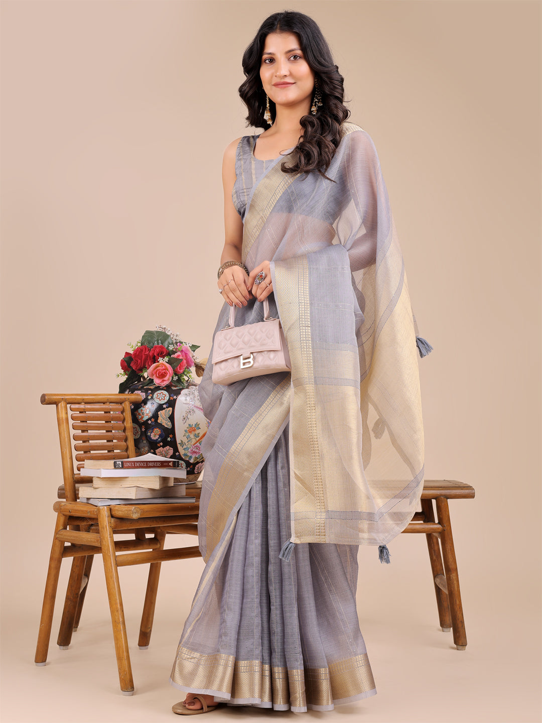Astita Elegant Grey and Gold Organza Saree – Sheer Sophistication for Modern Celebrations