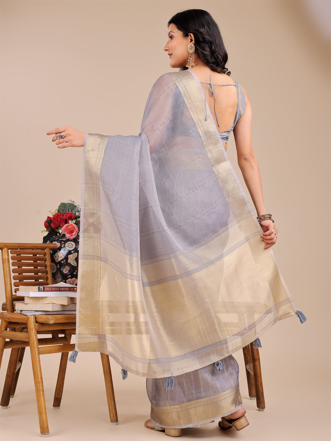 Astita Elegant Grey and Gold Organza Saree – Sheer Sophistication for Modern Celebrations