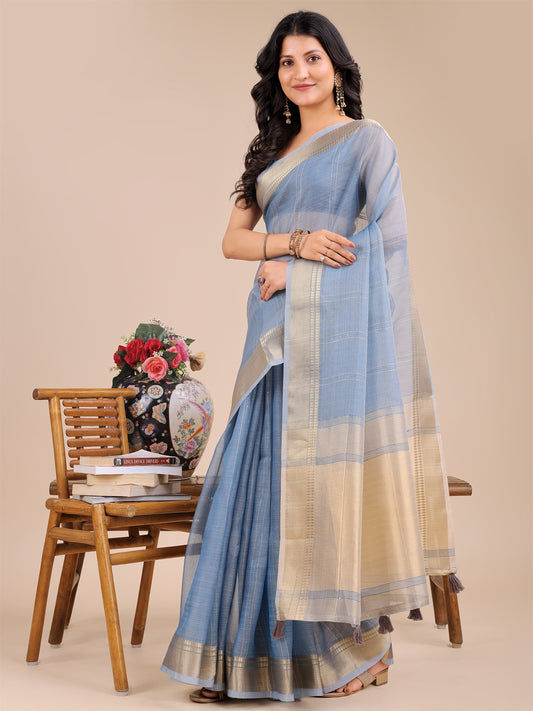 Astita Elegant Grey and Gold Organza Saree – Sheer Sophistication for Modern Celebrations