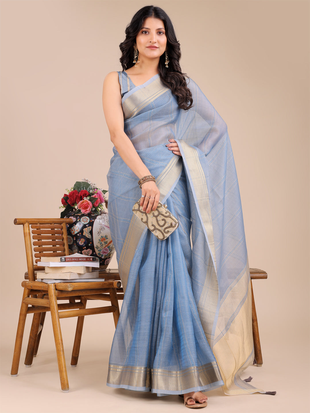 Astita Elegant Grey and Gold Organza Saree – Sheer Sophistication for Modern Celebrations