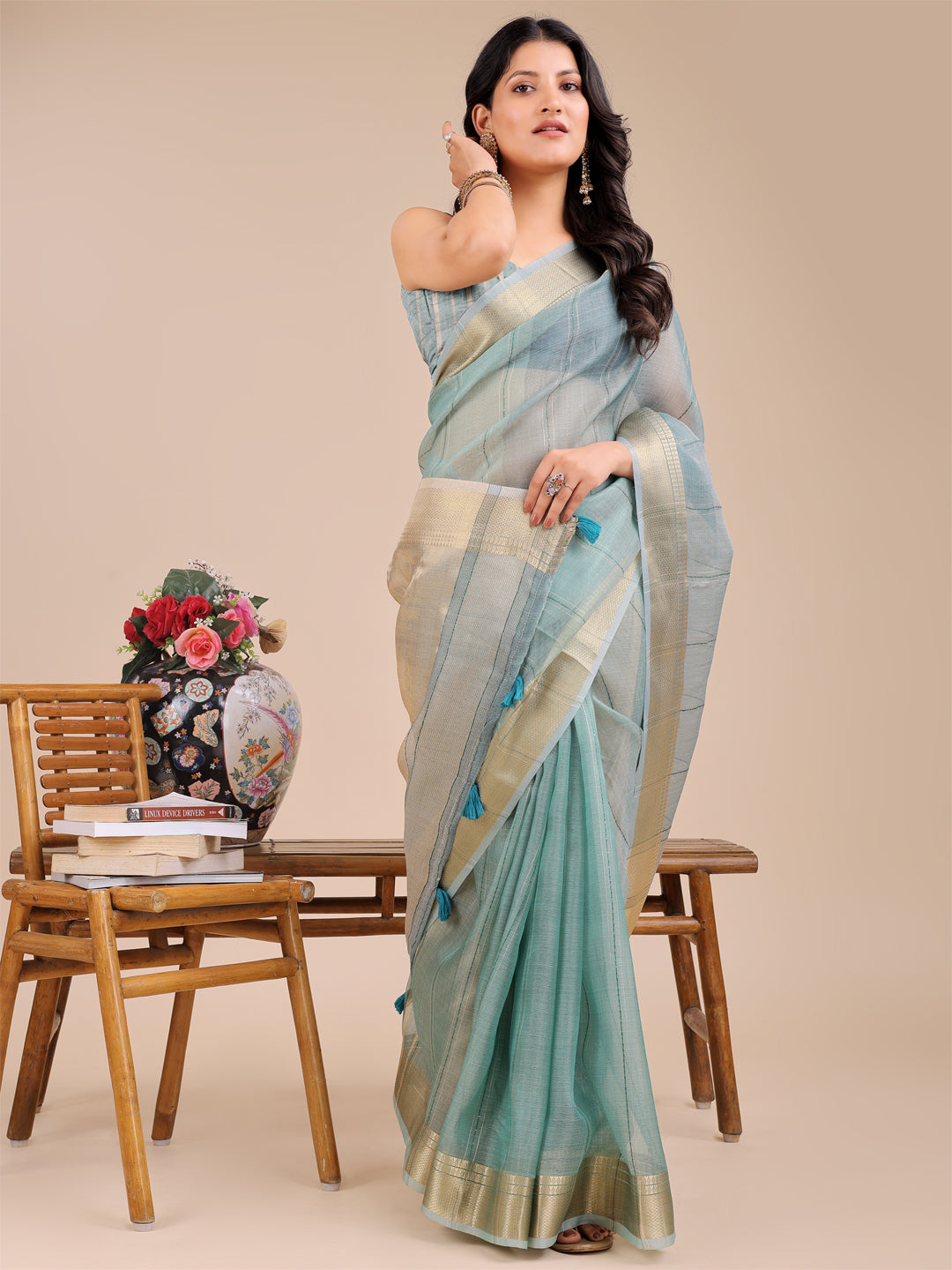 Astita Elegant Grey and Gold Organza Saree – Sheer Sophistication for Modern Celebrations
