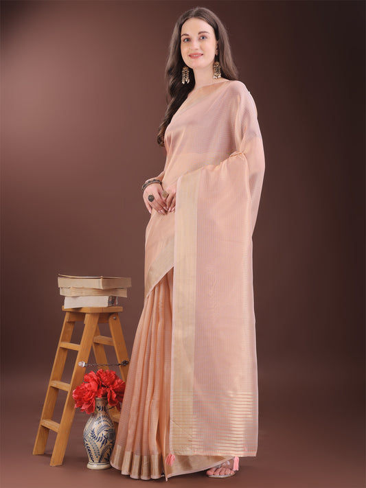 Astita Elegant Peach Organza Saree with Zari Border | Lightweight Transparent Saree with Blouse Piece for Festive & Daily Wear