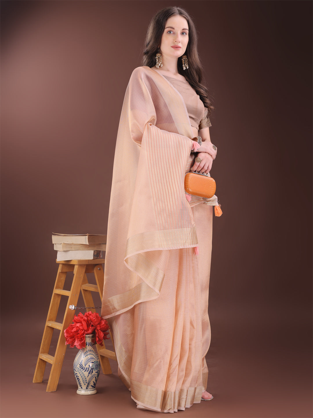 Astita Elegant Peach Organza Saree with Zari Border | Lightweight Transparent Saree with Blouse Piece for Festive & Daily Wear