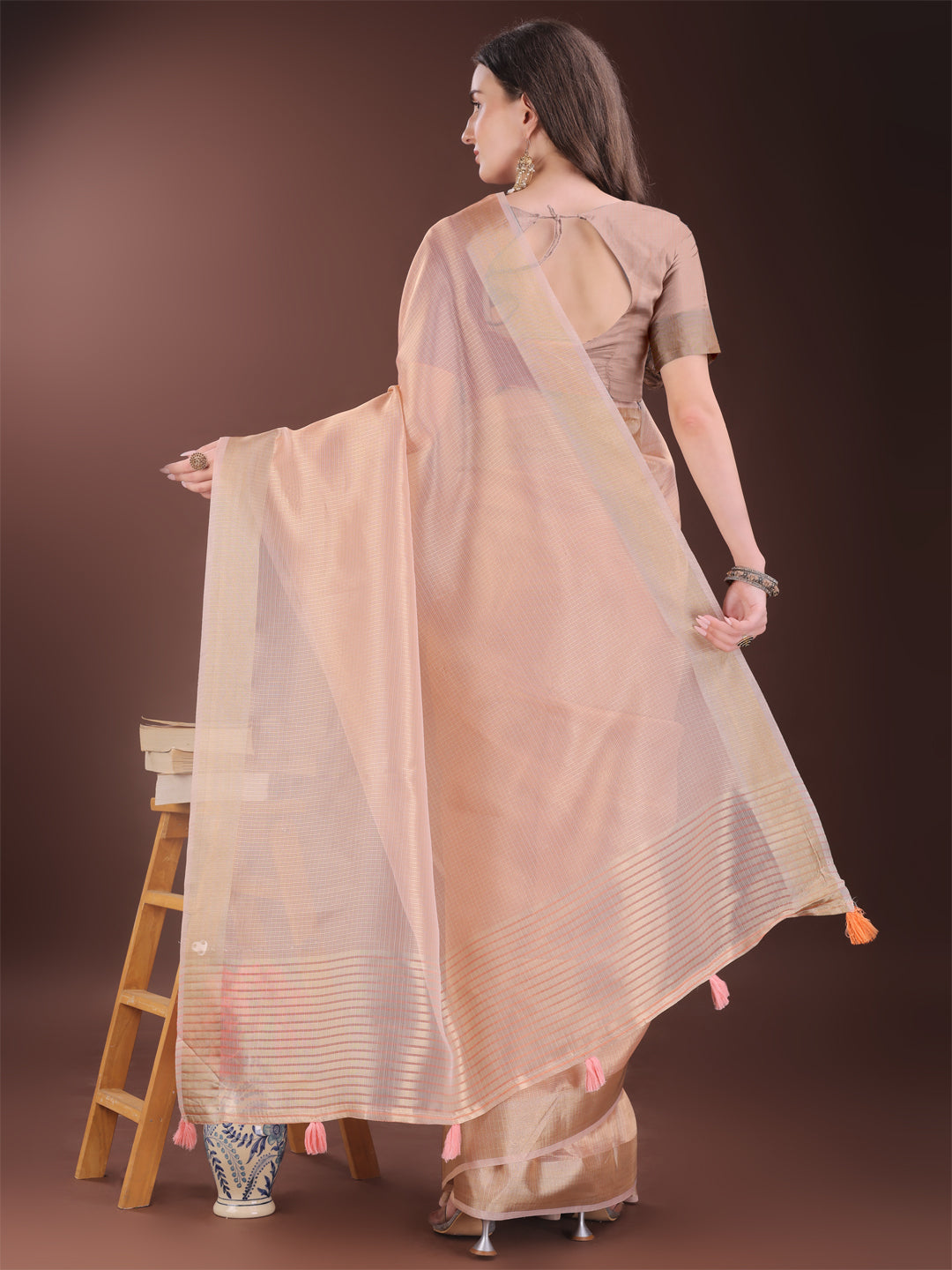 Astita Elegant Peach Organza Saree with Zari Border | Lightweight Transparent Saree with Blouse Piece for Festive & Daily Wear