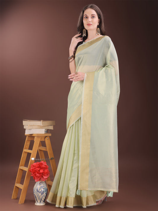 Astita Elegant Light Green Organza Saree with Zari Border | Lightweight Transparent Saree with Blouse Piece for Festive & Daily Wear