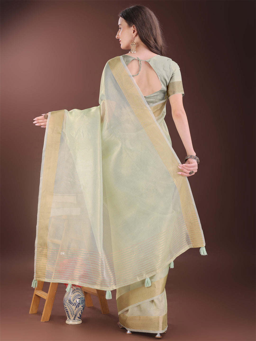 Astita Elegant Light Green Organza Saree with Zari Border | Lightweight Transparent Saree with Blouse Piece for Festive & Daily Wear