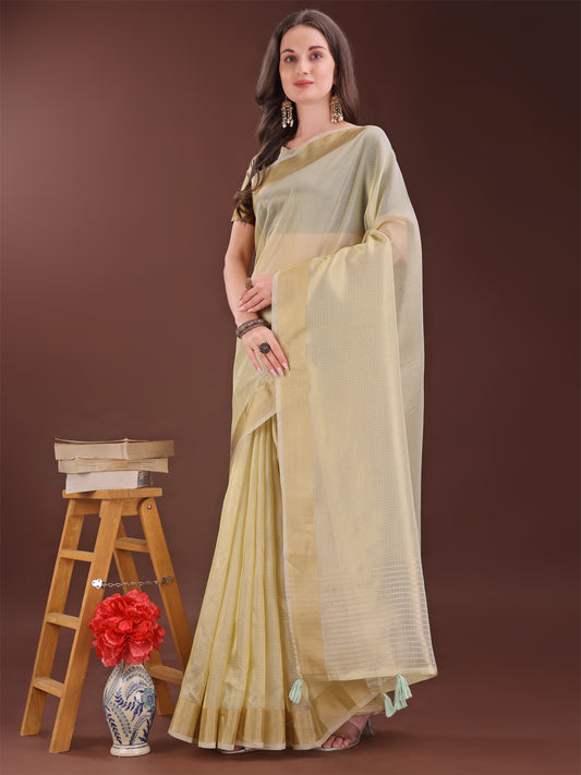 Astita Elegant Liht Yellow Organza Saree with Zari Border | Lightweight Transparent Saree with Blouse Piece for Festive & Daily Wear