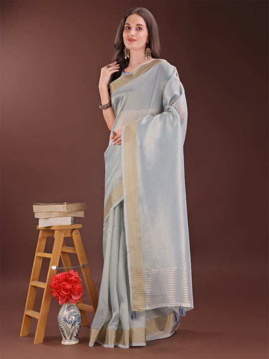 Astita Elegant Grey Organza Saree with Zari Border | Lightweight Transparent Saree with Blouse Piece for Festive & Daily Wear