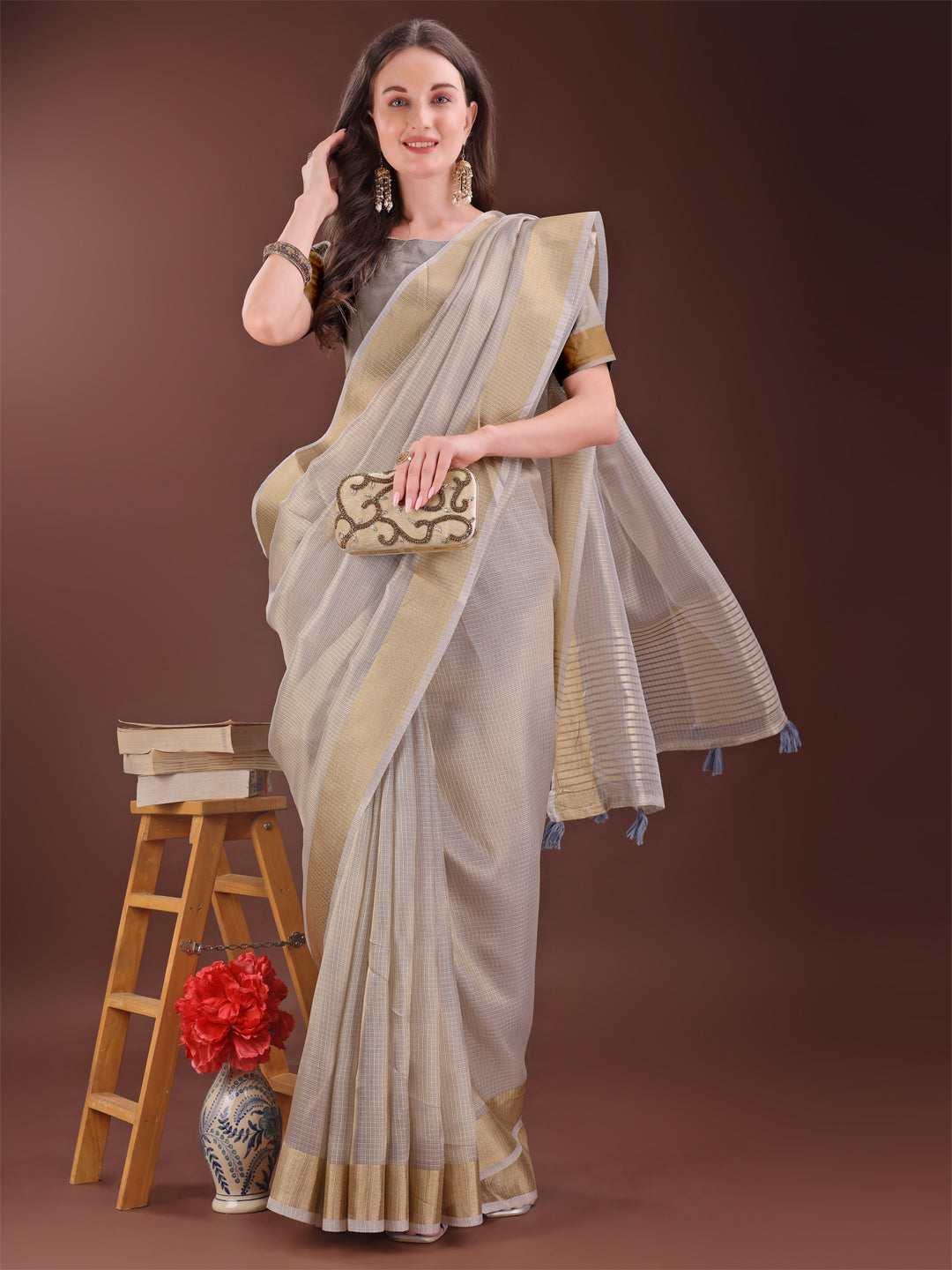 Astita Elegant Brown Organza Saree with Zari Border | Lightweight Transparent Saree with Blouse Piece for Festive & Daily Wear