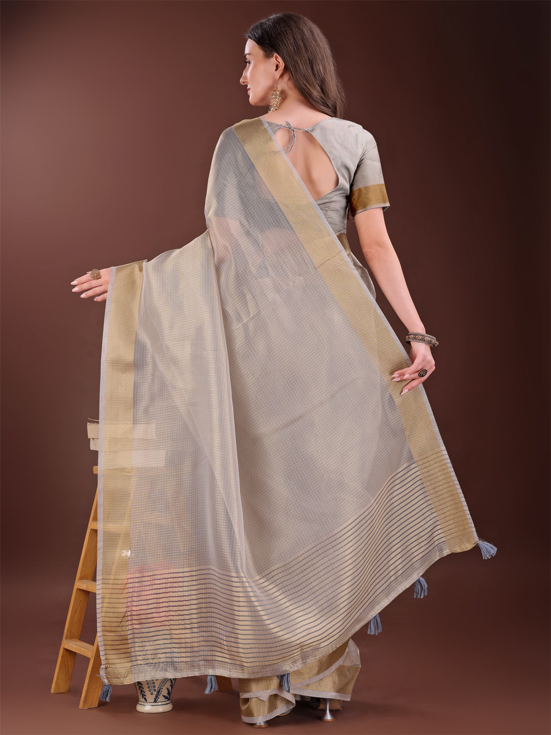 Astita Elegant Brown Organza Saree with Zari Border | Lightweight Transparent Saree with Blouse Piece for Festive & Daily Wear