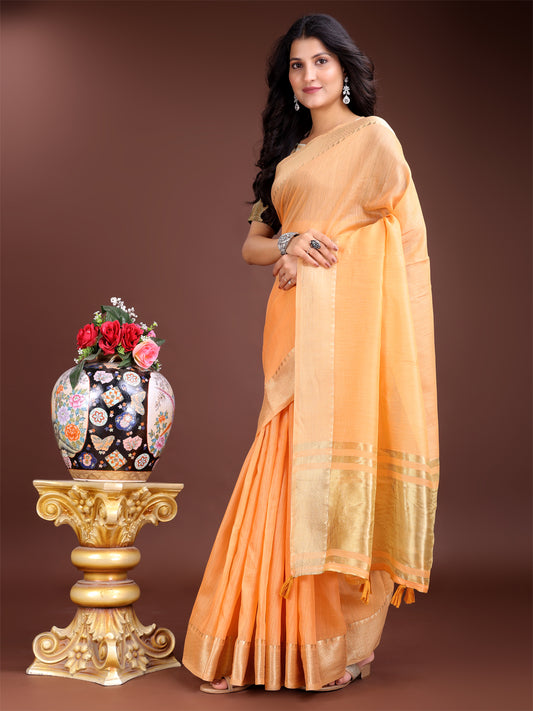 Astita Graceful Peach Cotton Saree for Women – Soft Handfeel Saree with Golden Zari Border & Elegant Pallu