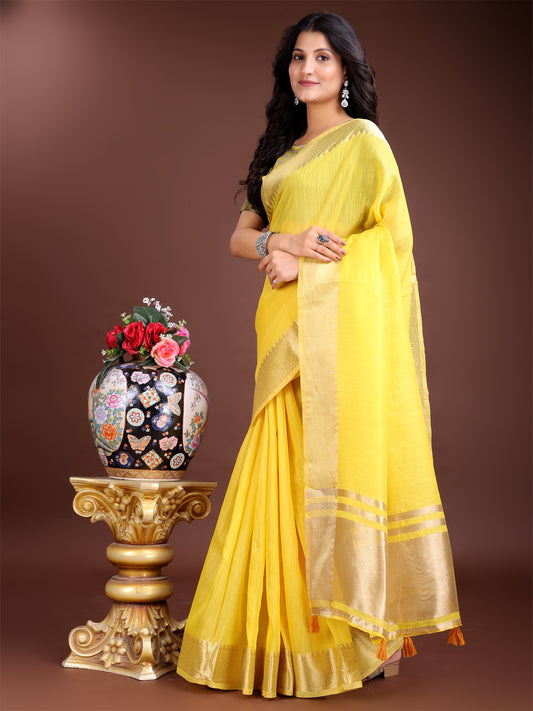 Astita Graceful Yellow Cotton Saree for Women – Soft Handfeel Saree with Golden Zari Border & Elegant Pallu