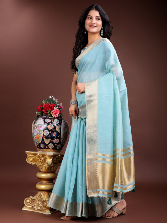Astita Graceful Sky Blue Cotton Saree for Women – Soft Handfeel Saree with Golden Zari Border & Elegant Pallu
