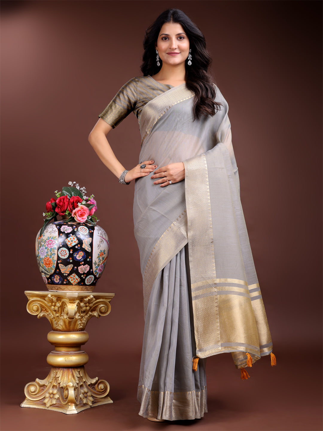 Astita Graceful Grey Cotton Saree for Women – Soft Handfeel Saree with Golden Zari Border & Elegant Pallu