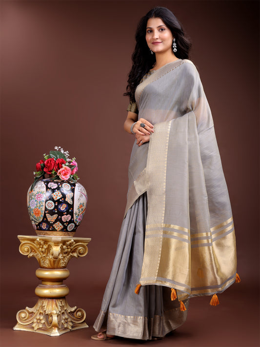 Astita Graceful Grey Cotton Saree for Women – Soft Handfeel Saree with Golden Zari Border & Elegant Pallu