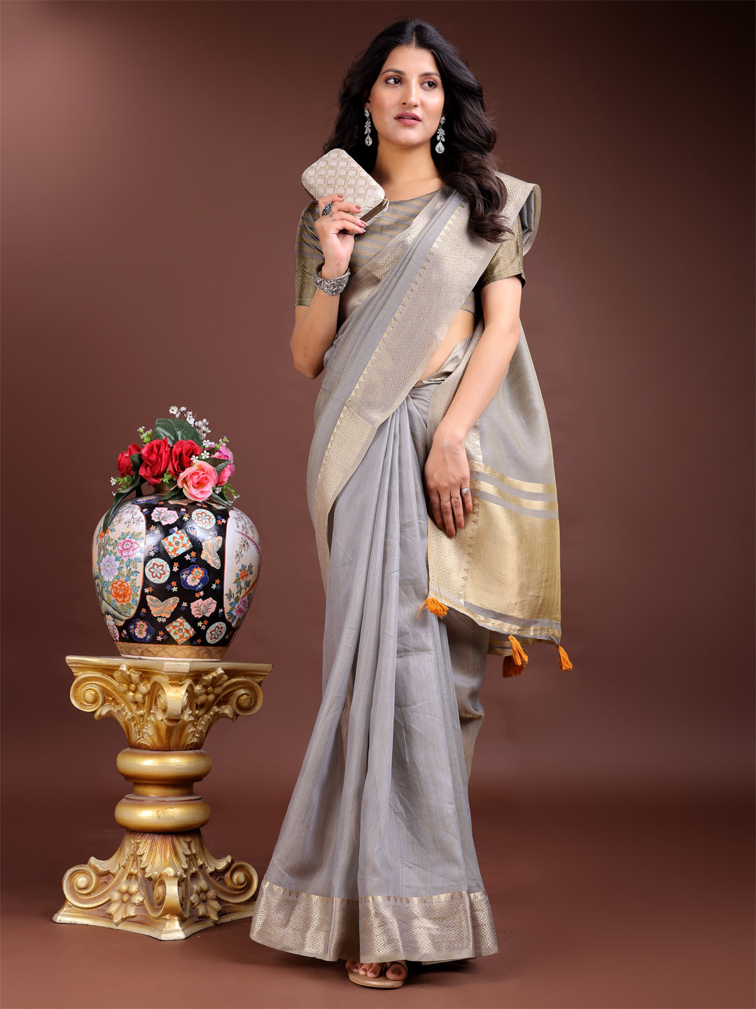 Astita Graceful Grey Cotton Saree for Women – Soft Handfeel Saree with Golden Zari Border & Elegant Pallu