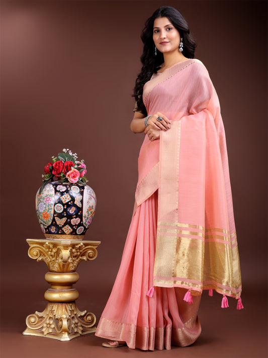 Astita Graceful Pink Cotton Saree for Women – Soft Handfeel Saree with Golden Zari Border & Elegant Pallu