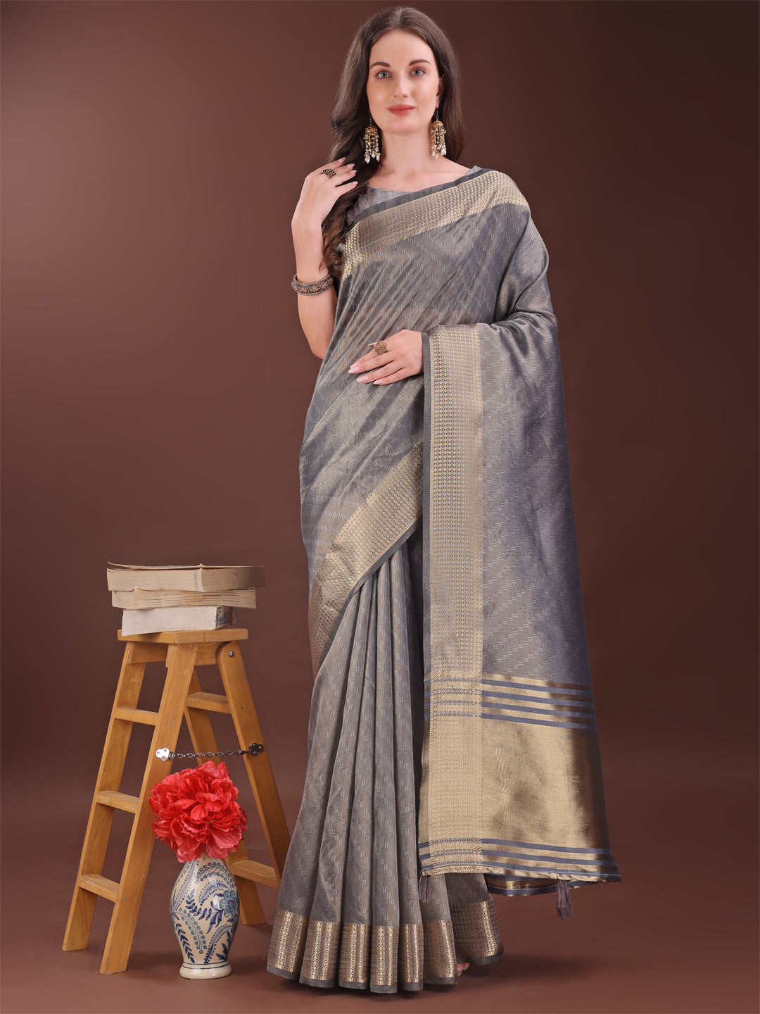 Astita Graceful Grey Organza Saree with Rich Golden Zari Border | Elegant Party Wear Saree with Blouse Piece