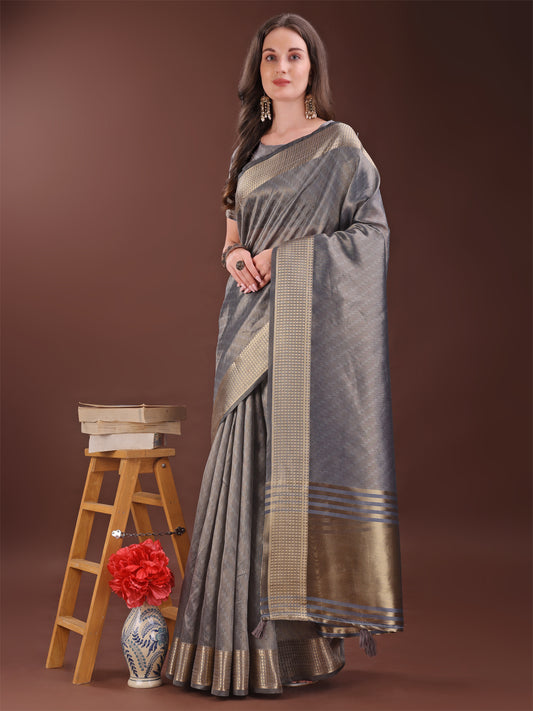 Astita Graceful Grey Organza Saree with Rich Golden Zari Border | Elegant Party Wear Saree with Blouse Piece
