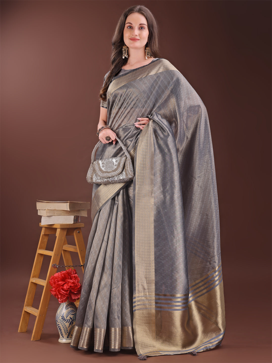 Astita Graceful Grey Organza Saree with Rich Golden Zari Border | Elegant Party Wear Saree with Blouse Piece