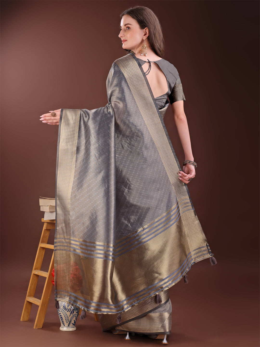 Astita Graceful Grey Organza Saree with Rich Golden Zari Border | Elegant Party Wear Saree with Blouse Piece