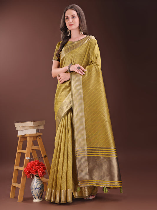 Astita Graceful Mustard Organza Saree with Rich Golden Zari Border | Elegant Party Wear Saree with Blouse Piece