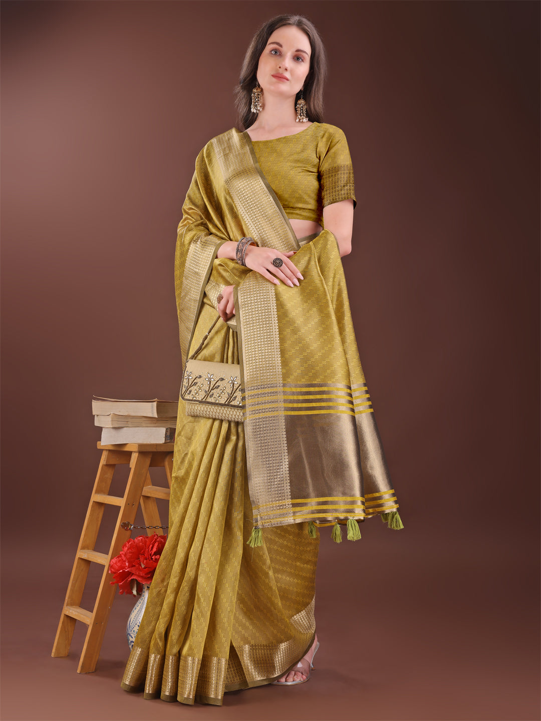 Astita Graceful Mustard Organza Saree with Rich Golden Zari Border | Elegant Party Wear Saree with Blouse Piece