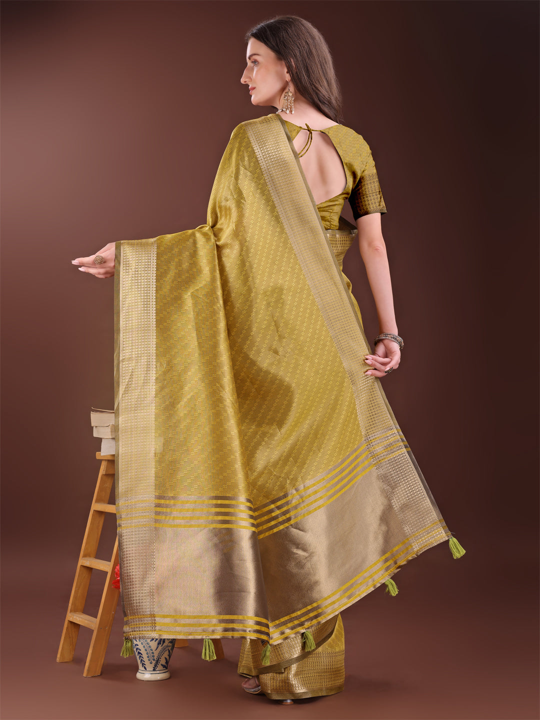 Astita Graceful Mustard Organza Saree with Rich Golden Zari Border | Elegant Party Wear Saree with Blouse Piece