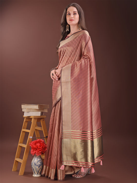 Astita Graceful Peach Organza Saree with Rich Golden Zari Border | Elegant Party Wear Saree with Blouse Piece