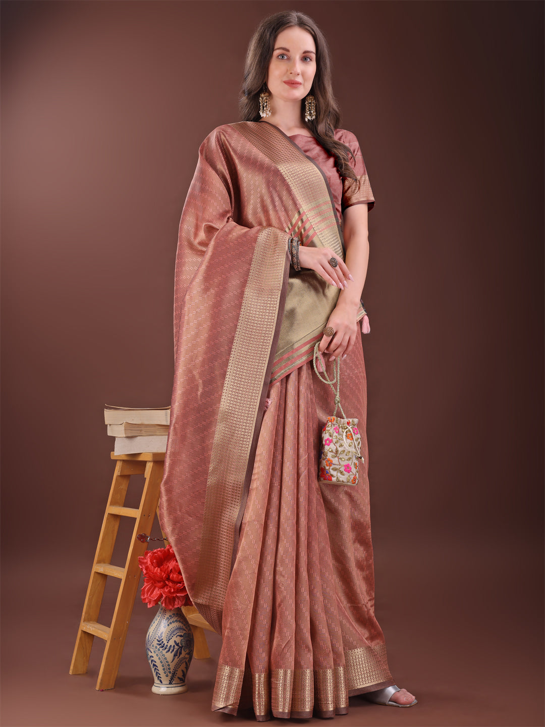 Astita Graceful Peach Organza Saree with Rich Golden Zari Border | Elegant Party Wear Saree with Blouse Piece