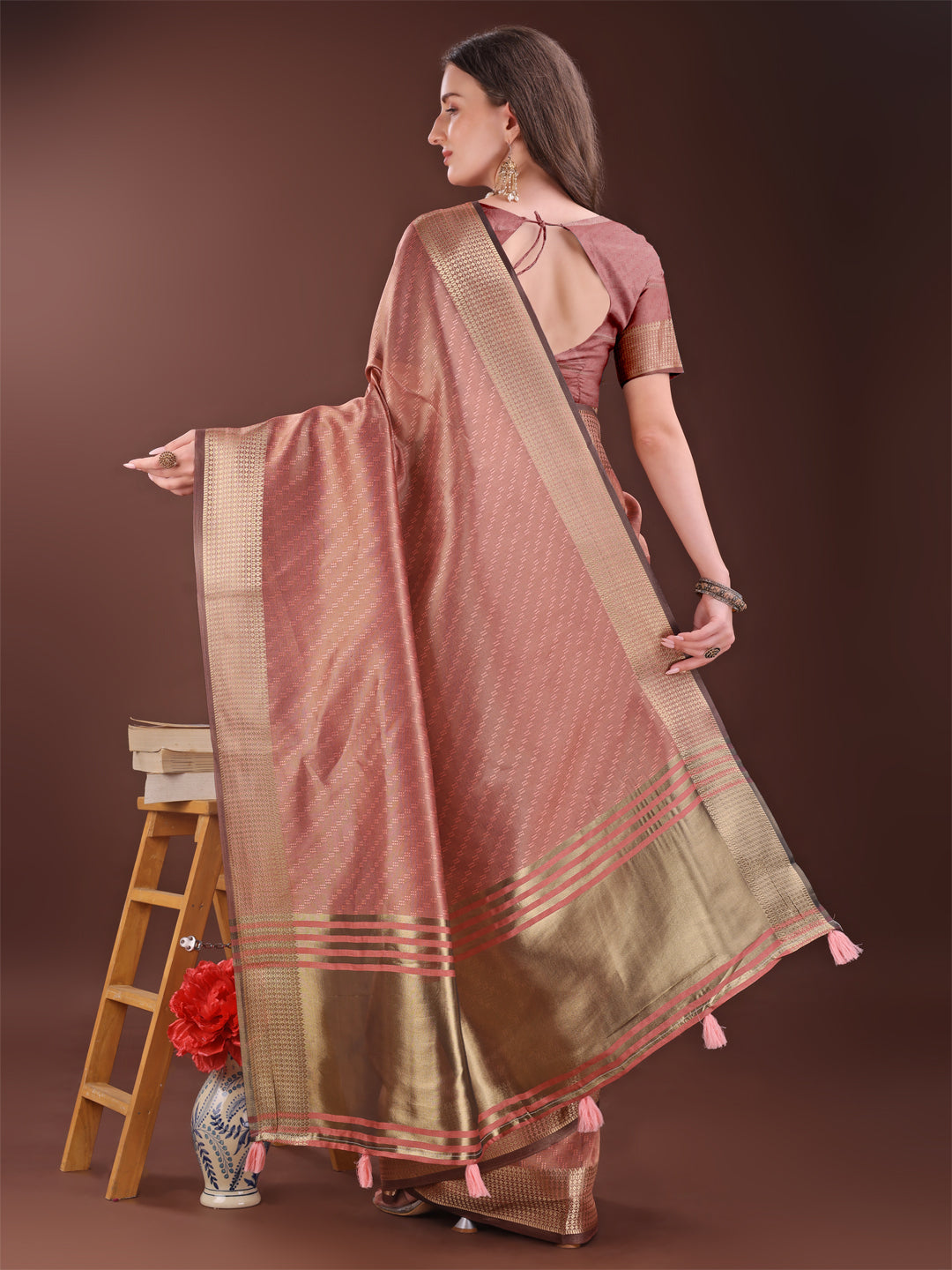 Astita Graceful Peach Organza Saree with Rich Golden Zari Border | Elegant Party Wear Saree with Blouse Piece